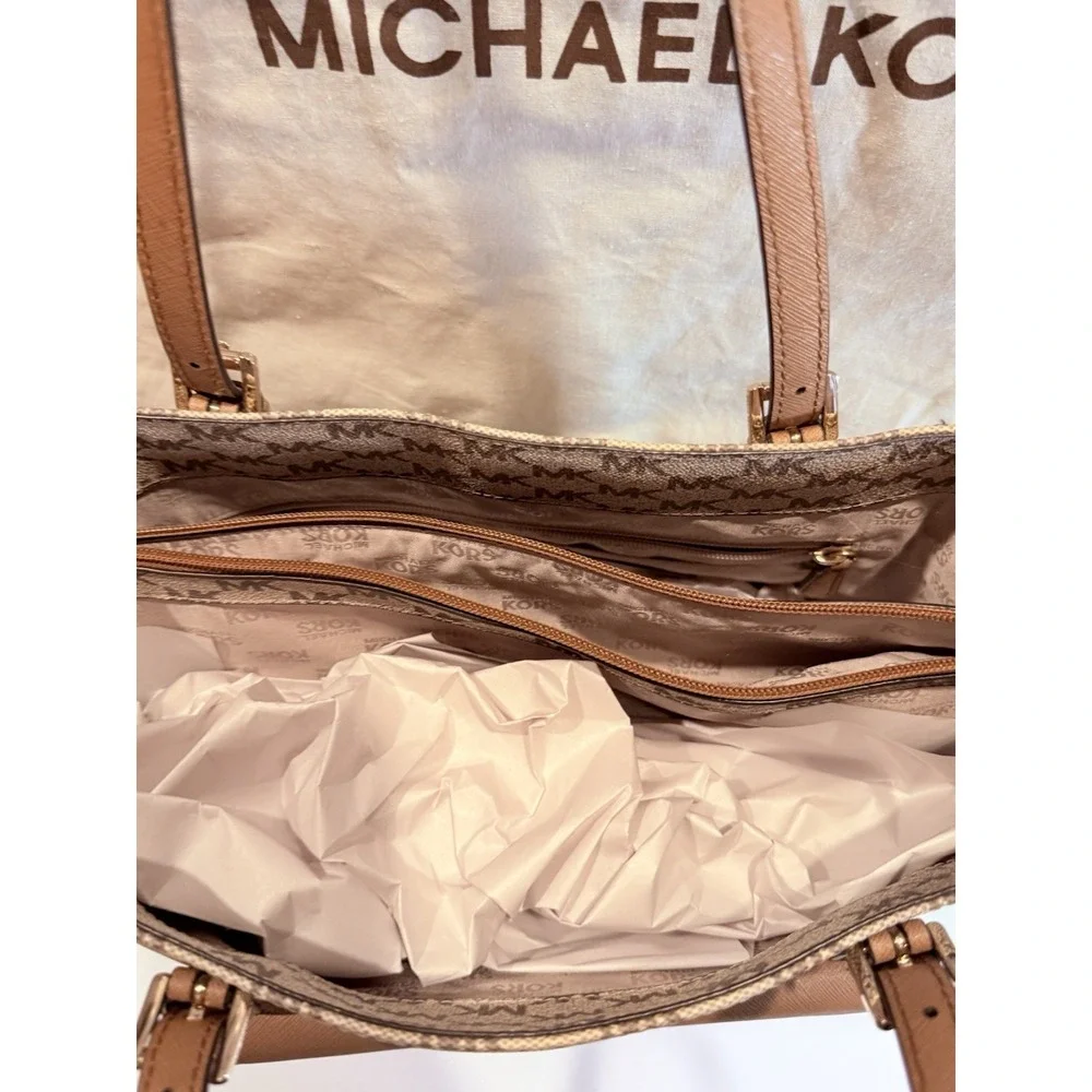 Michael Kors Jet Set Signature MK Logo Tote Bag Beige Brown Large Gold Hardware